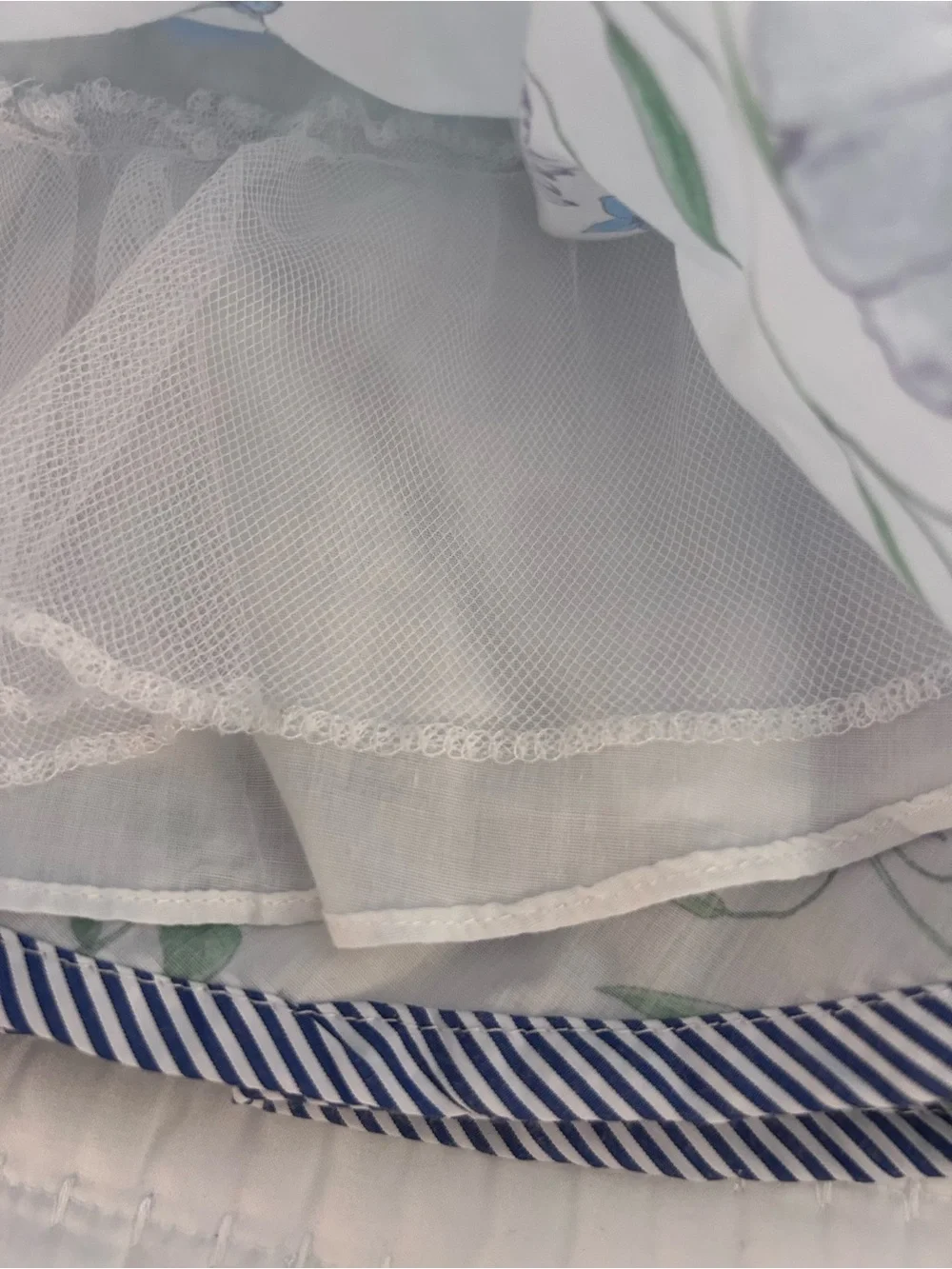 Rare Editions White Dress with Blue Floral Print and Royal Blue Ribbon
